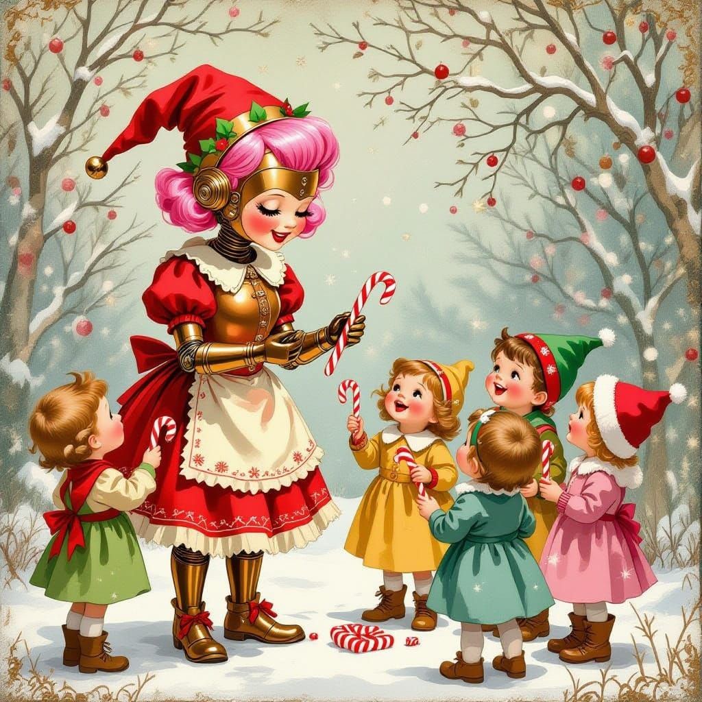 Elderly Fembot in Elf Costume Gives Candy Canes
