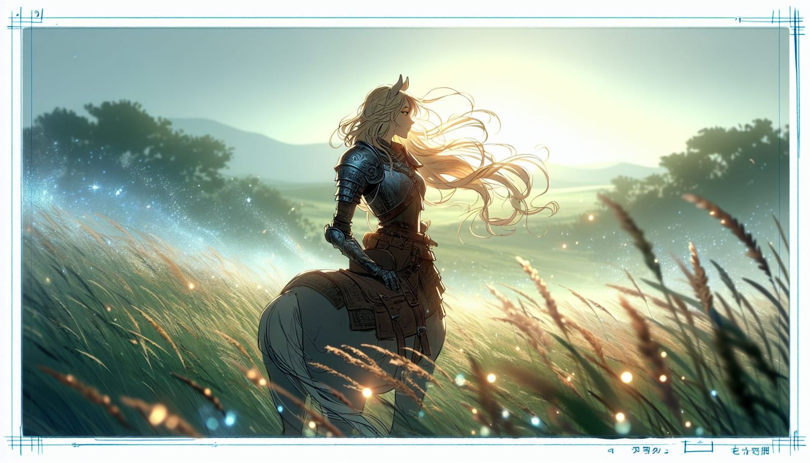 Anime Centaur in Windswept Meadow at Dawn