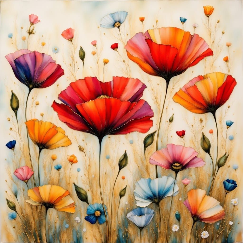 Surreal Poppy Blooms in Golden Hues
