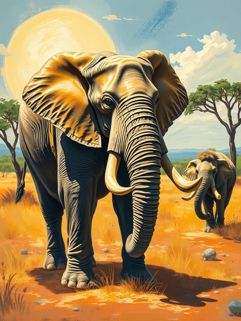 Elephant and Mammoth in Wildlife Art Style