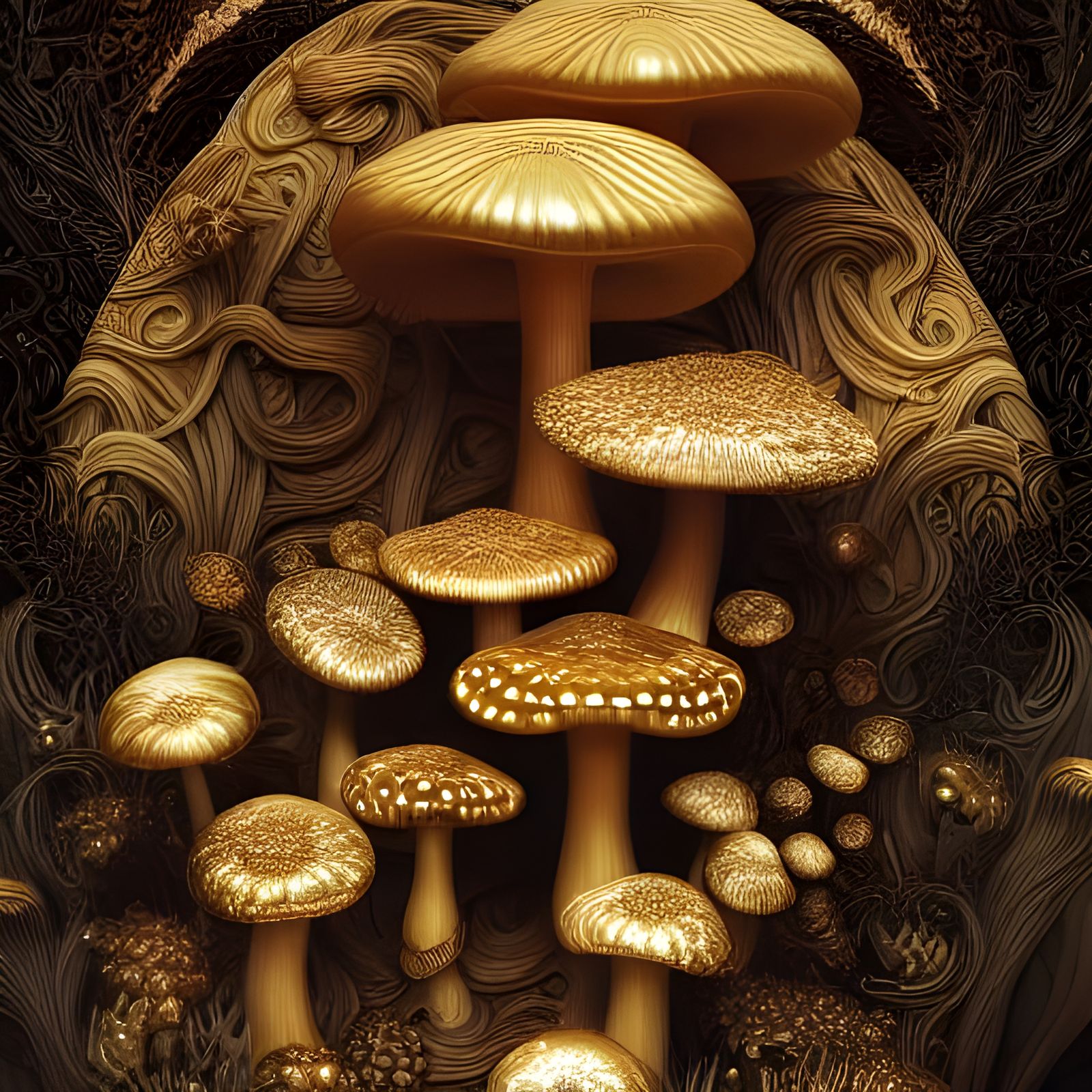 Glowing Golden Mushrooms in Detailed Digital Art