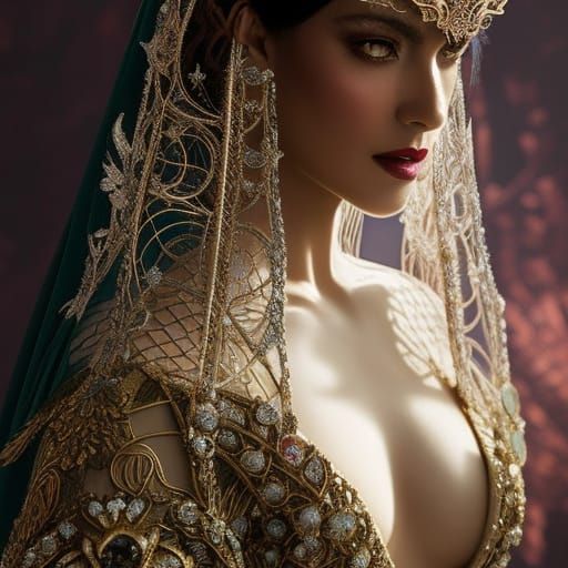Woman in Lace Gown, Crown, and Mask