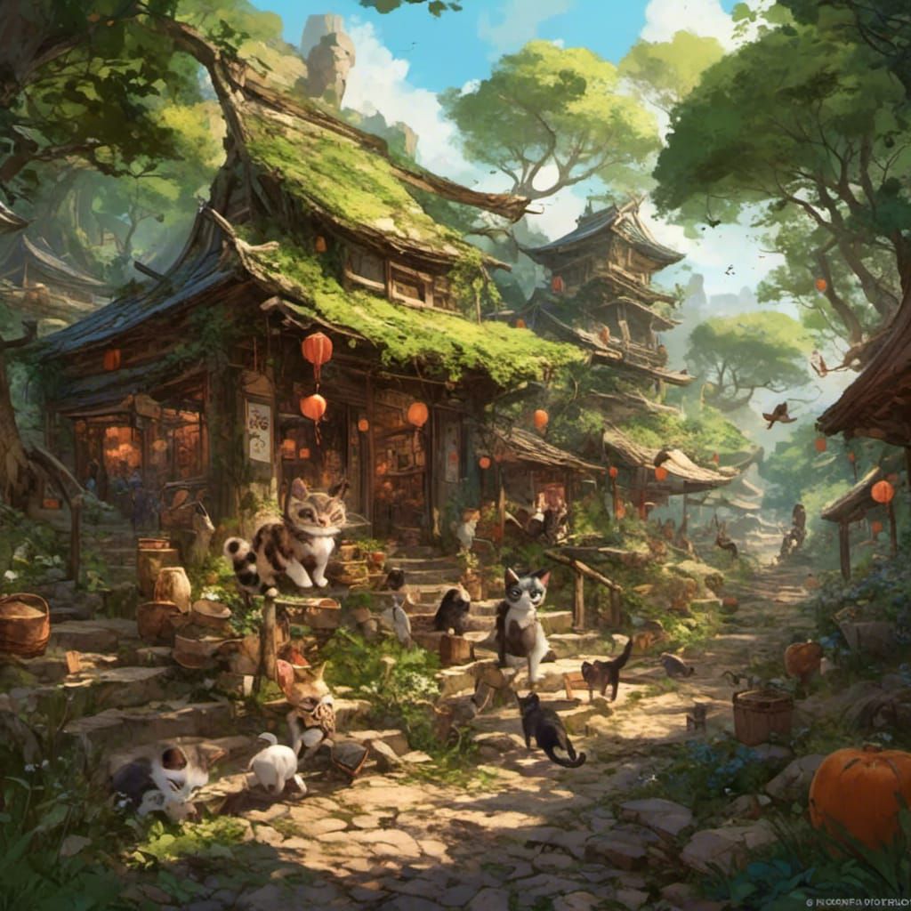 Forest Ramen Shop with Cats, Detailed Matte Painting