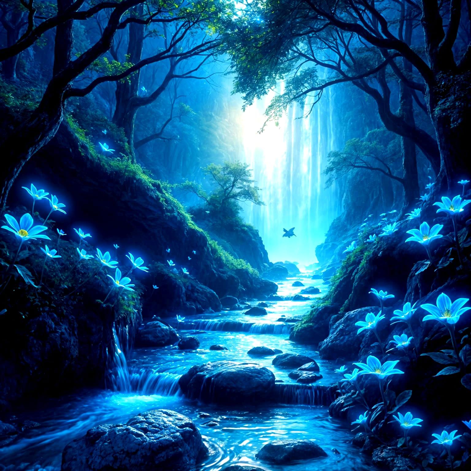Luminous Quantum Forest with Blue Flowers as Surreal Art