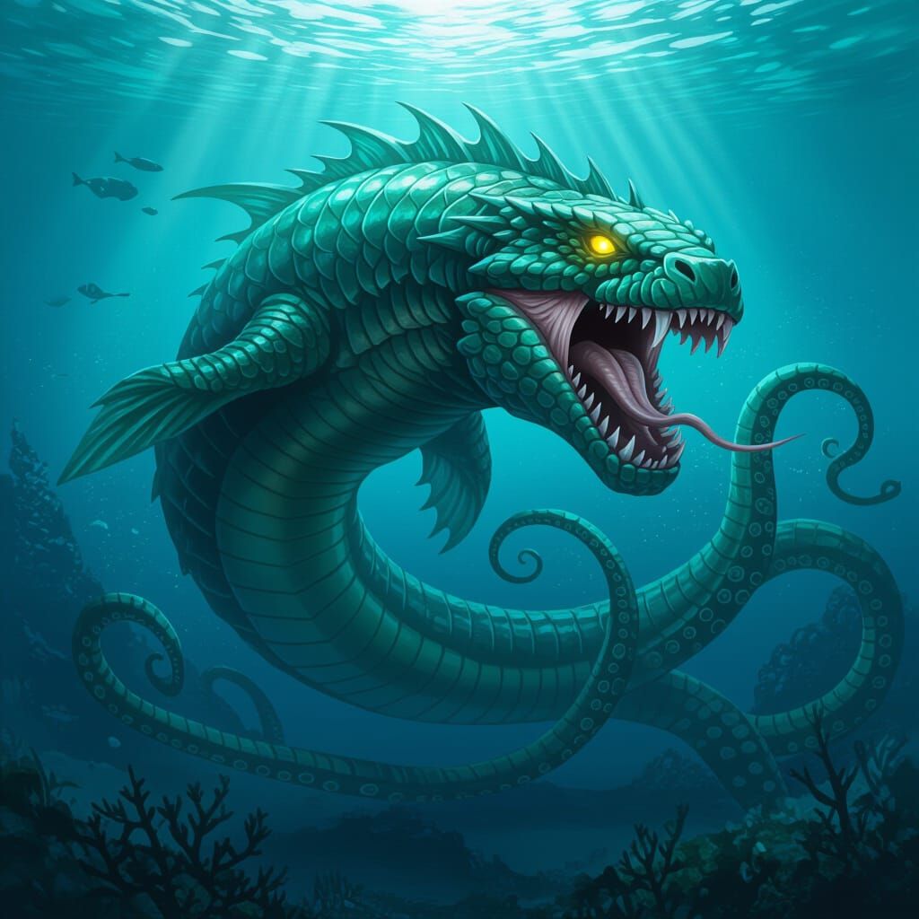 Giant Scaled Sea Serpent with Glowing Eyes