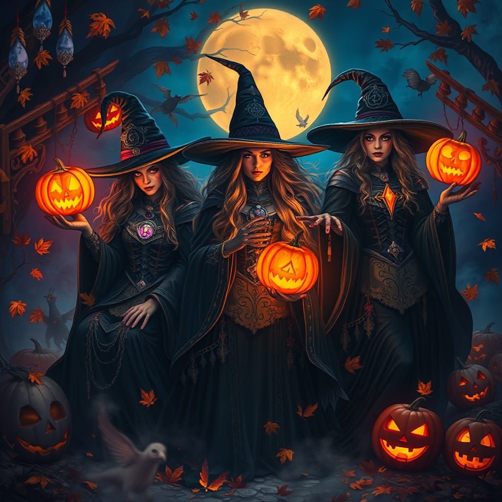 Ornate Witches in Autumnal Halloween Scene
