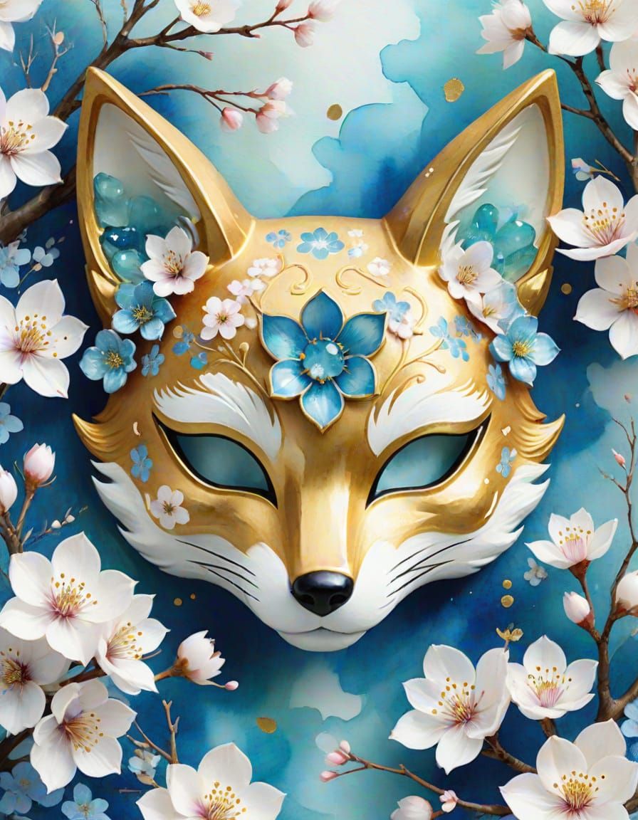 Whimsical Japanese Kitsune Fox Mask in Watercolor
