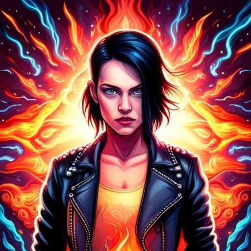Punk Biker Woman in Fiery Starry Night