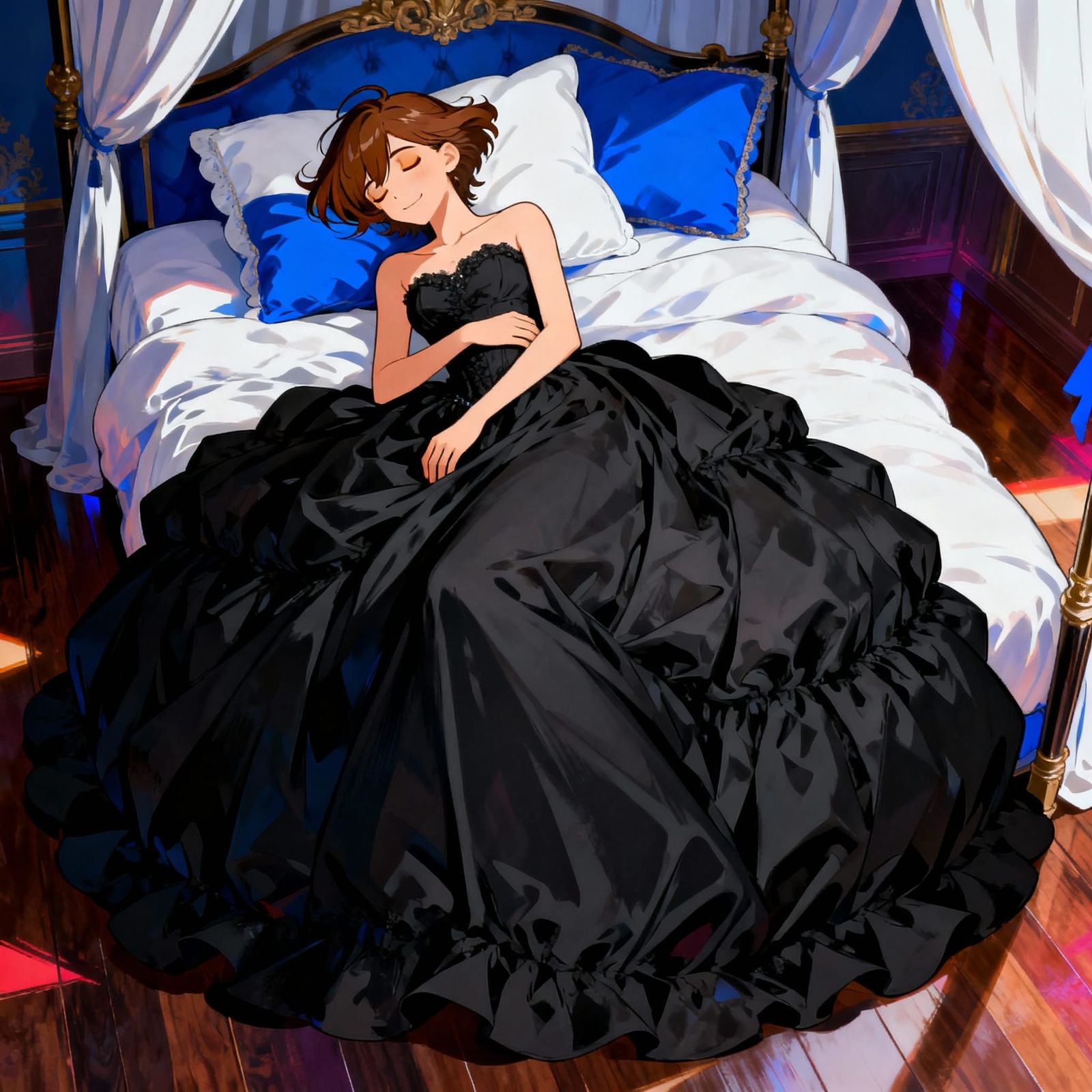 Anime Girl Sleeping in Puffy Dress on Canopy Bed