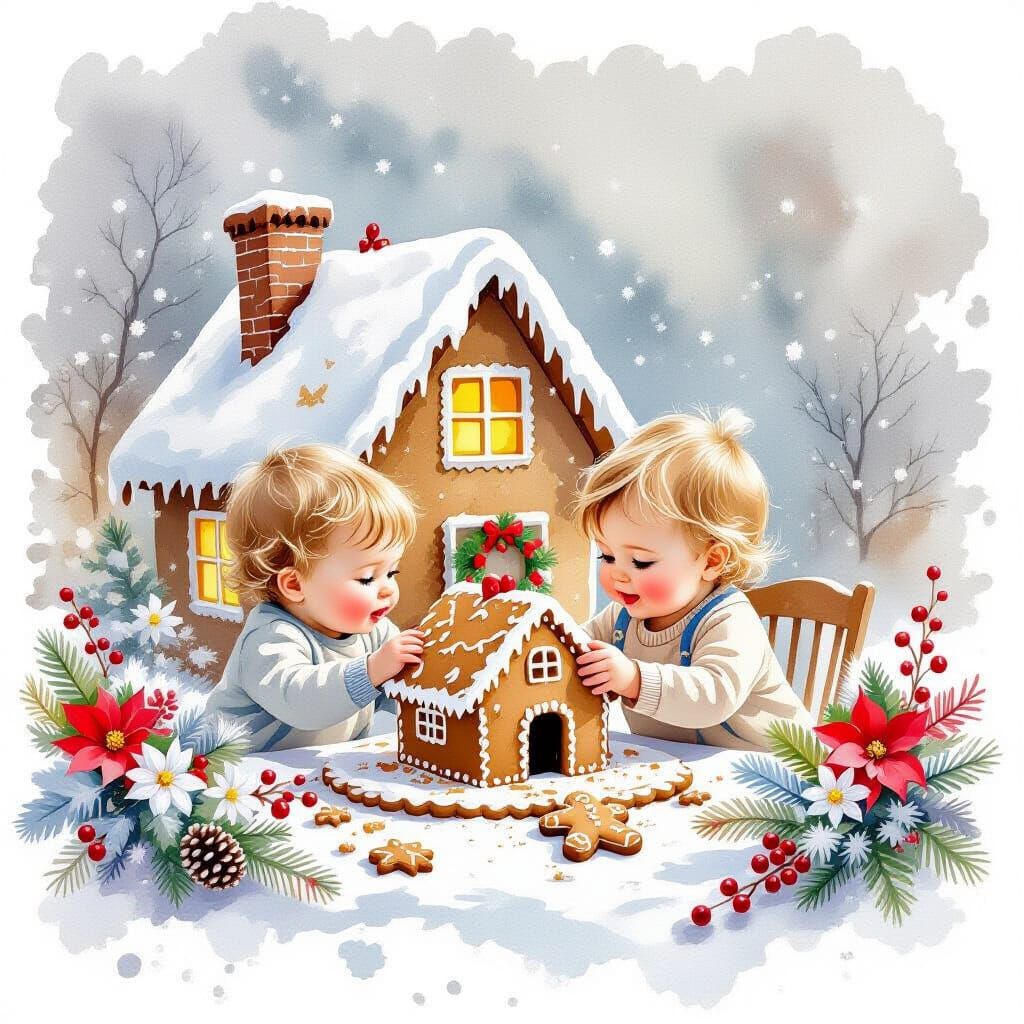 Ethereal Watercolour of Siblings Building a Gingerbread Hous...