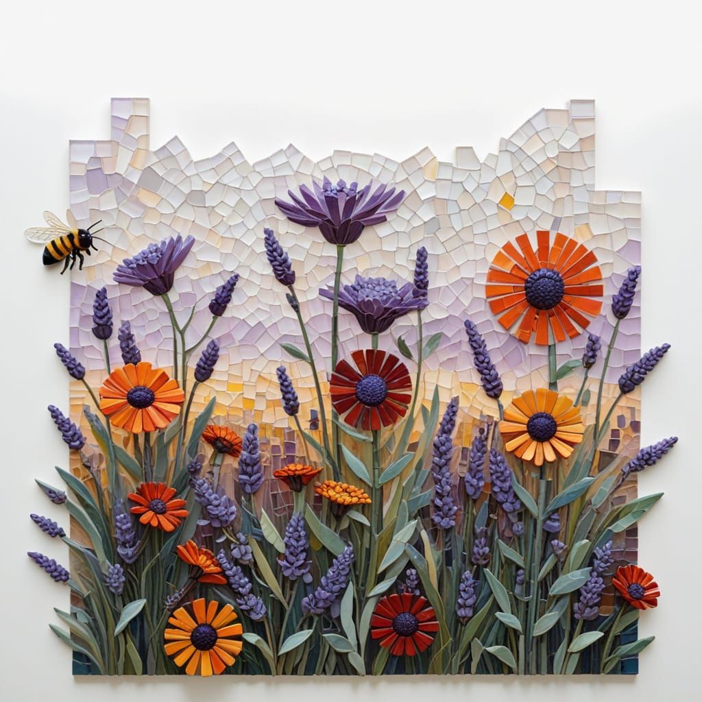 Lavender Fields in Summer Breeze: Mosaic Illustration