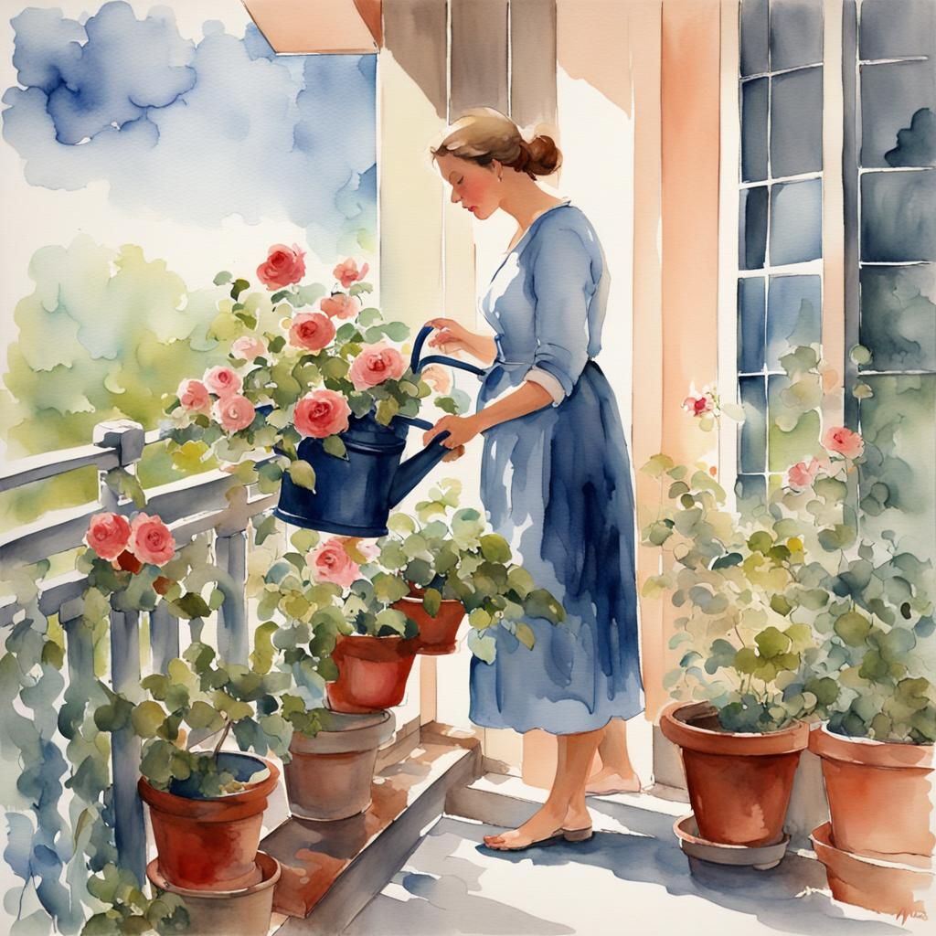 Woman Watering Balcony Garden: Watercolor Painting