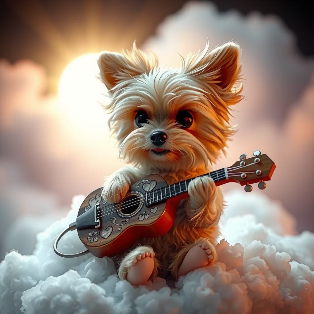 Joyful Toy Yorkie Plays Guitar on a Vibrant Cloud