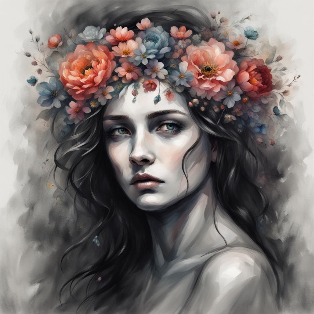 Melancholy Woman with Floral Crown: Charcoal Drawing