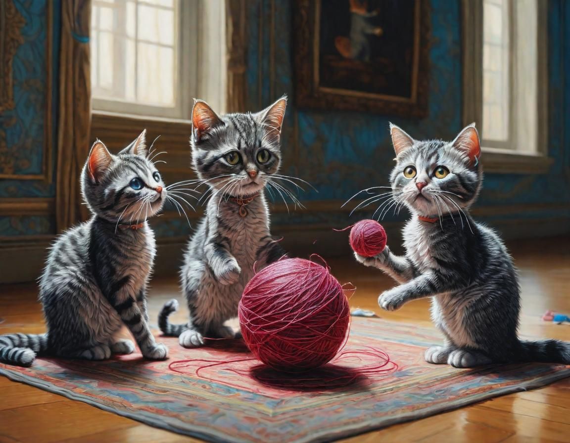 Cats Playing: Hyperdetailed Tim Burton-Style Renaissance Pai...