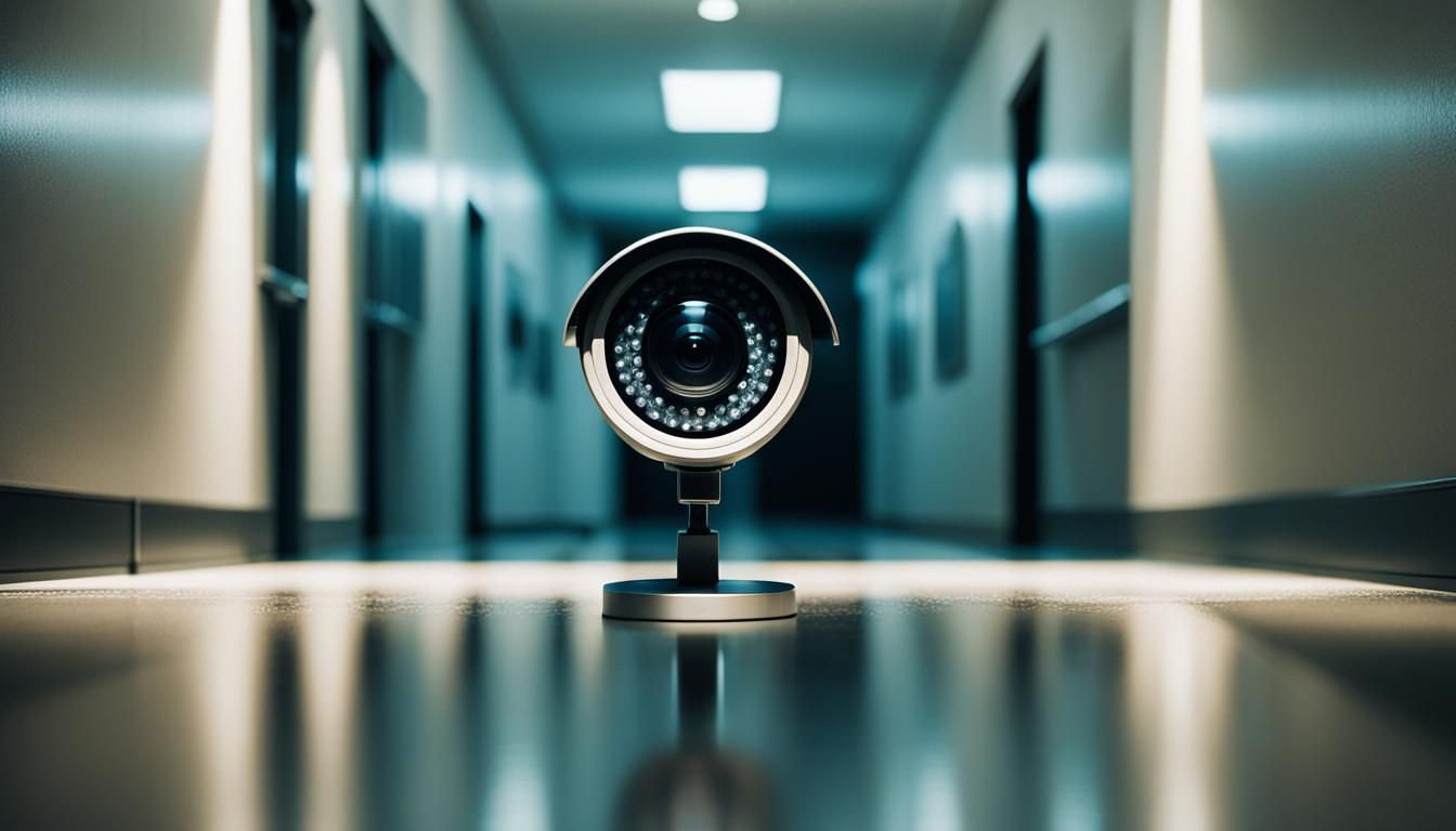 Realistic Security Camera View of Dimly Lit Corridor