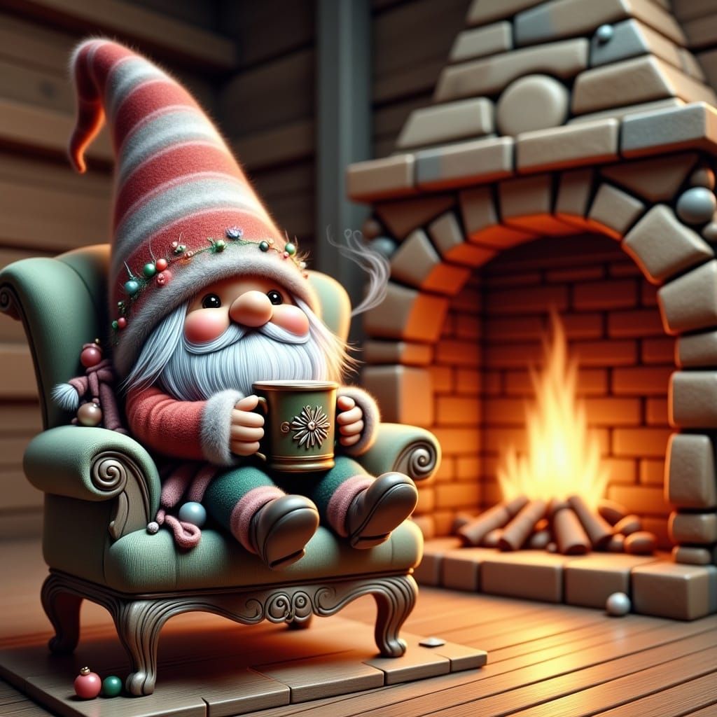 Christmas Gnome with Hot Chocolate by Fire