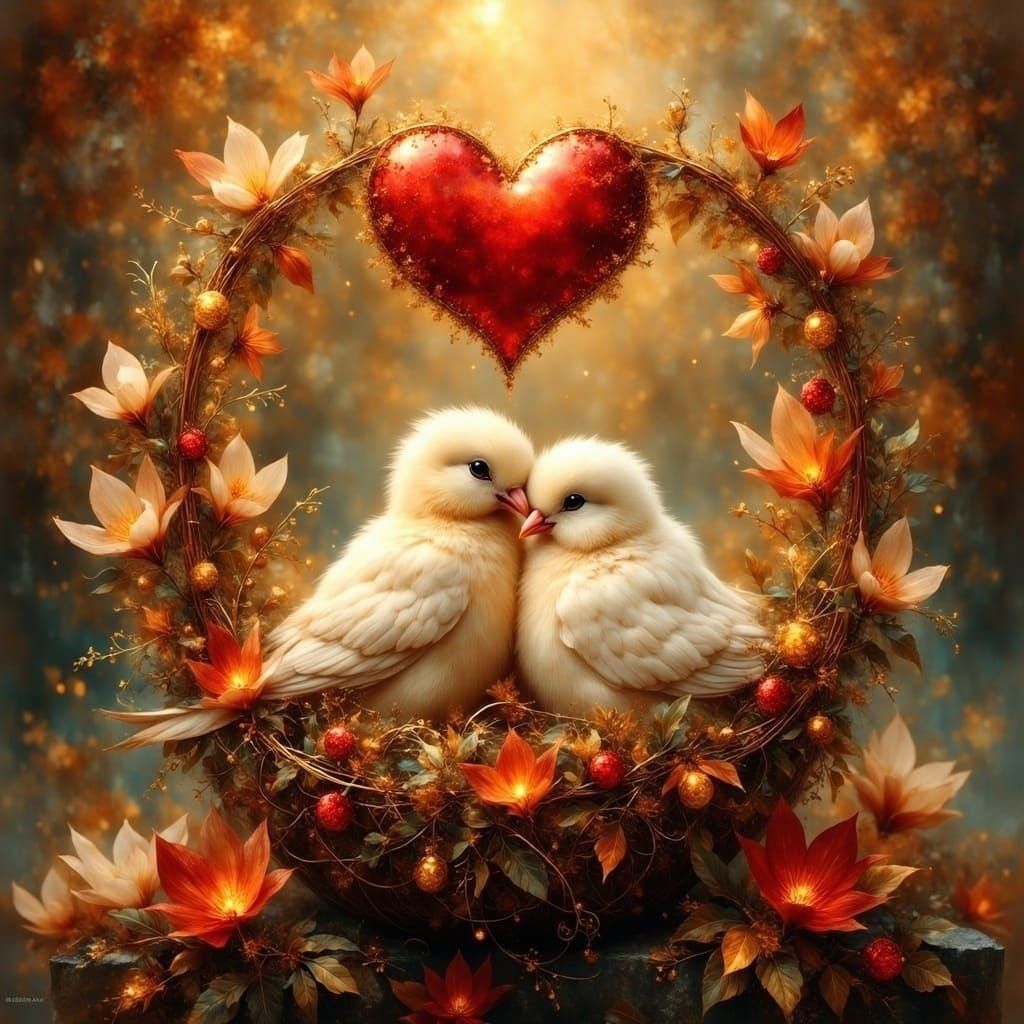 Love Birds in a Golden Fantasy Nest