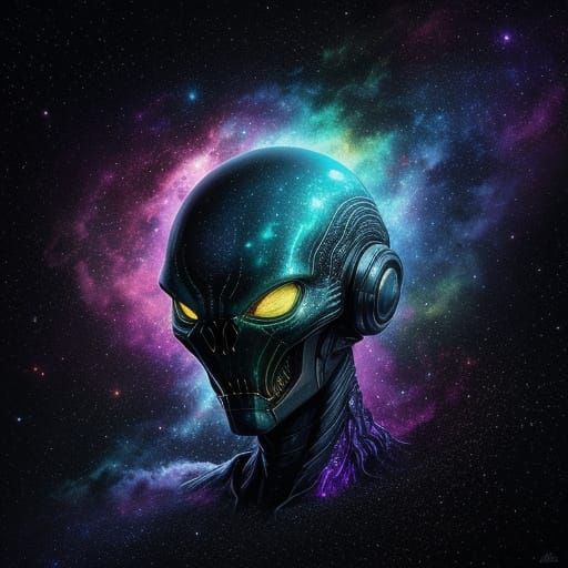 Alien Explorer in Vibrant Cosmic Galaxy