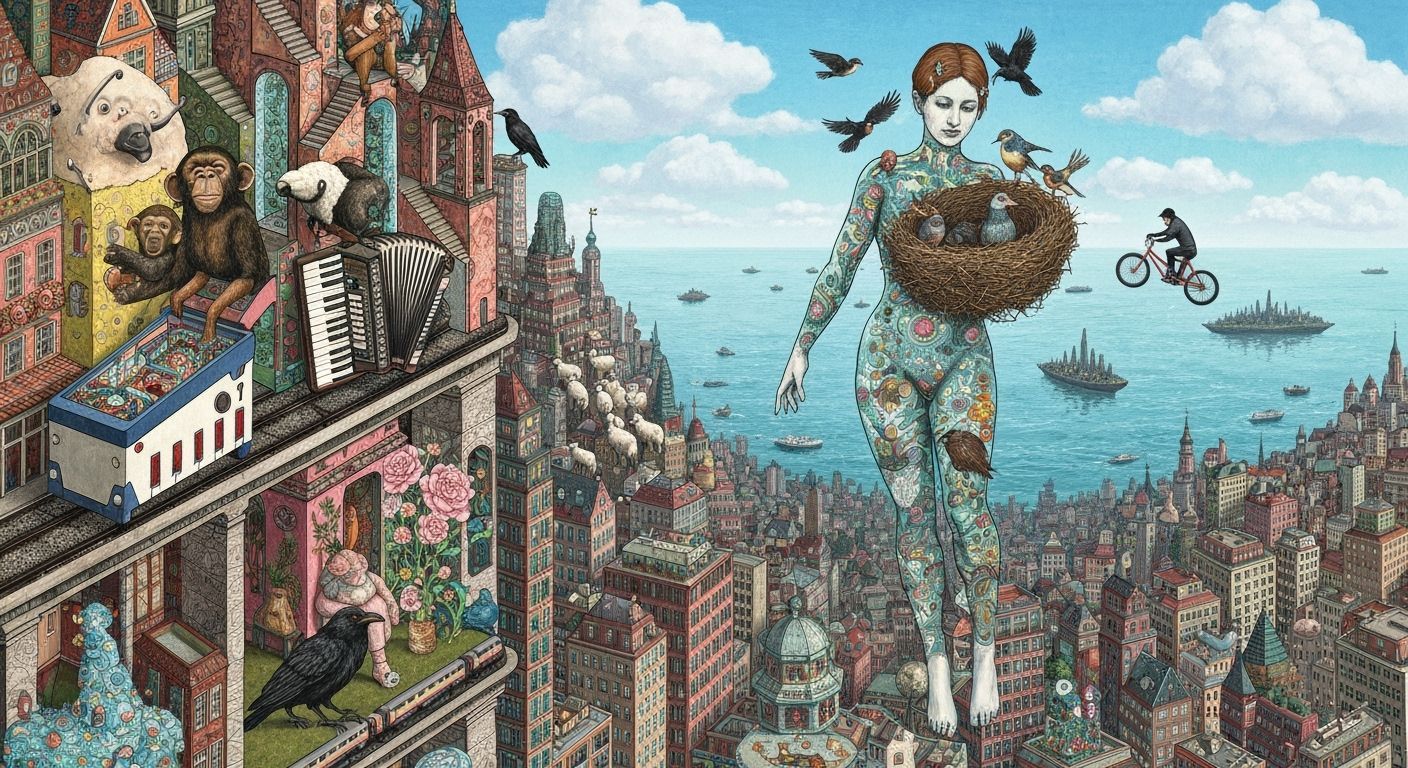 Bioluminescent Figure Floating Over Surreal Utopia