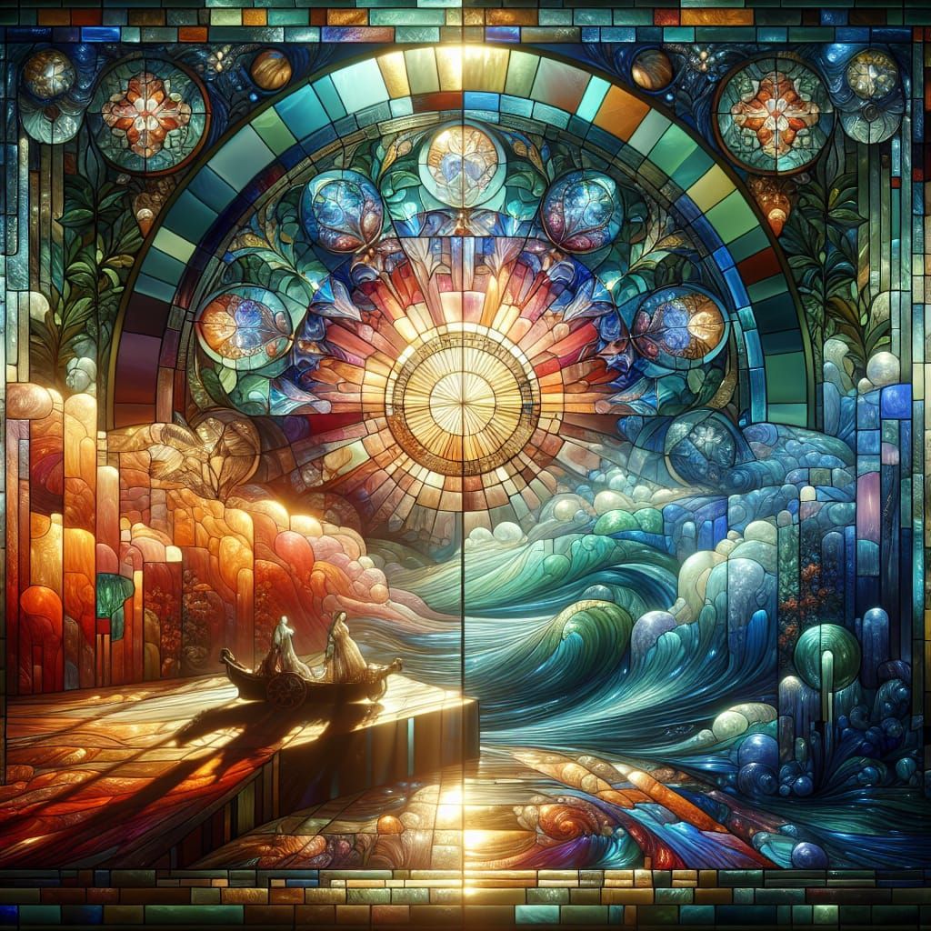 Luminescent Stained Glass Window in Crystal Cubism Style