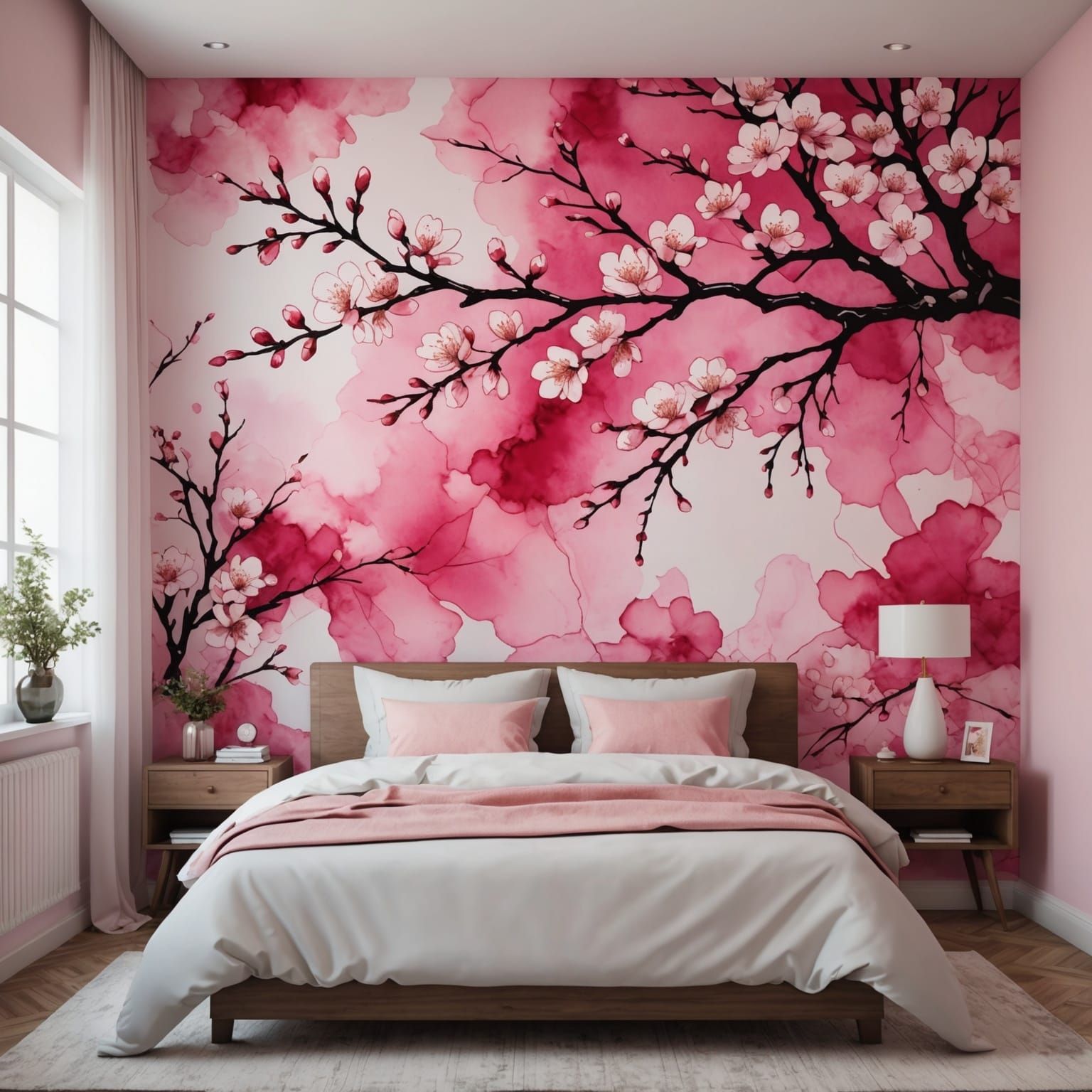 Pink Bedroom with Cherry Blossoms in Alcohol Ink Style