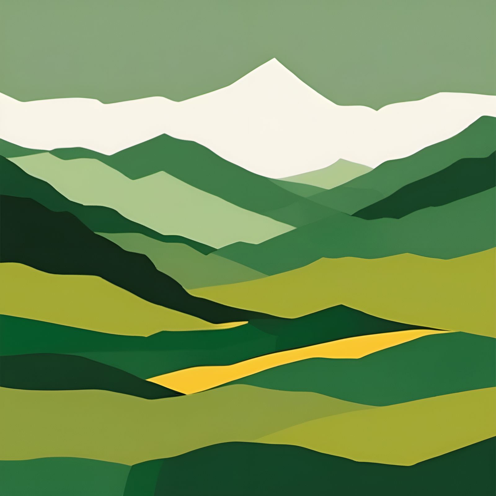 Minimalist Mountain Painting in Green and Gold