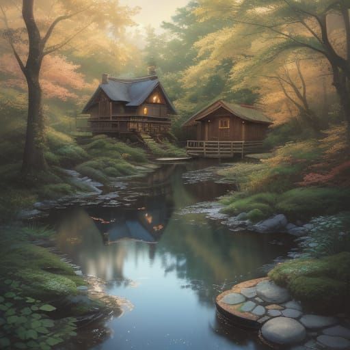 A rustic cabin in the woods By artist "anime", 3d anime art, inspired by WLOP, Artstation, #genshinimpact ...