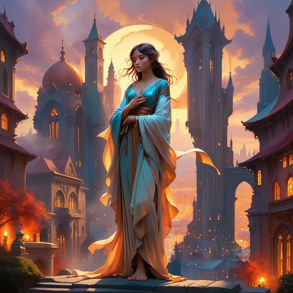 Mystical Cityscape at Dusk in Baroque Style