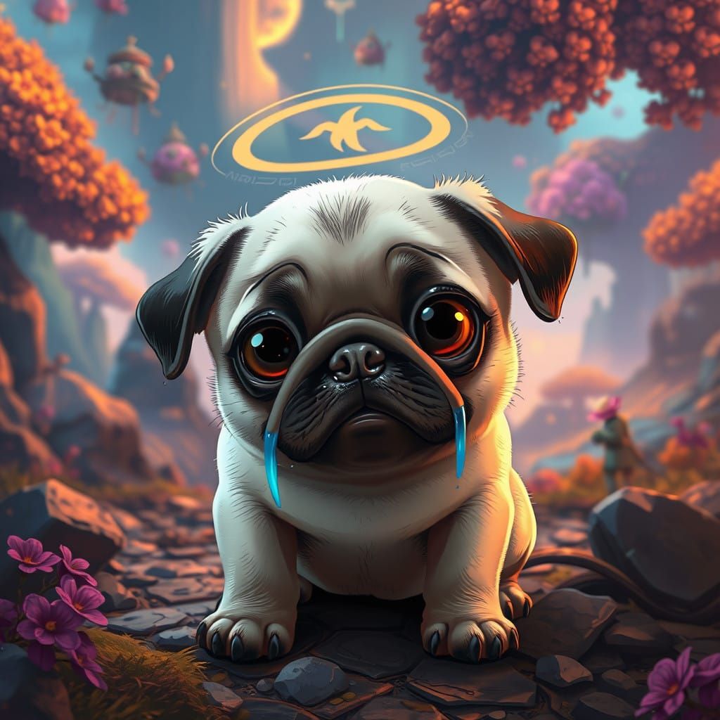 Sorrowful Baby Pug in Distorted Fantasy World