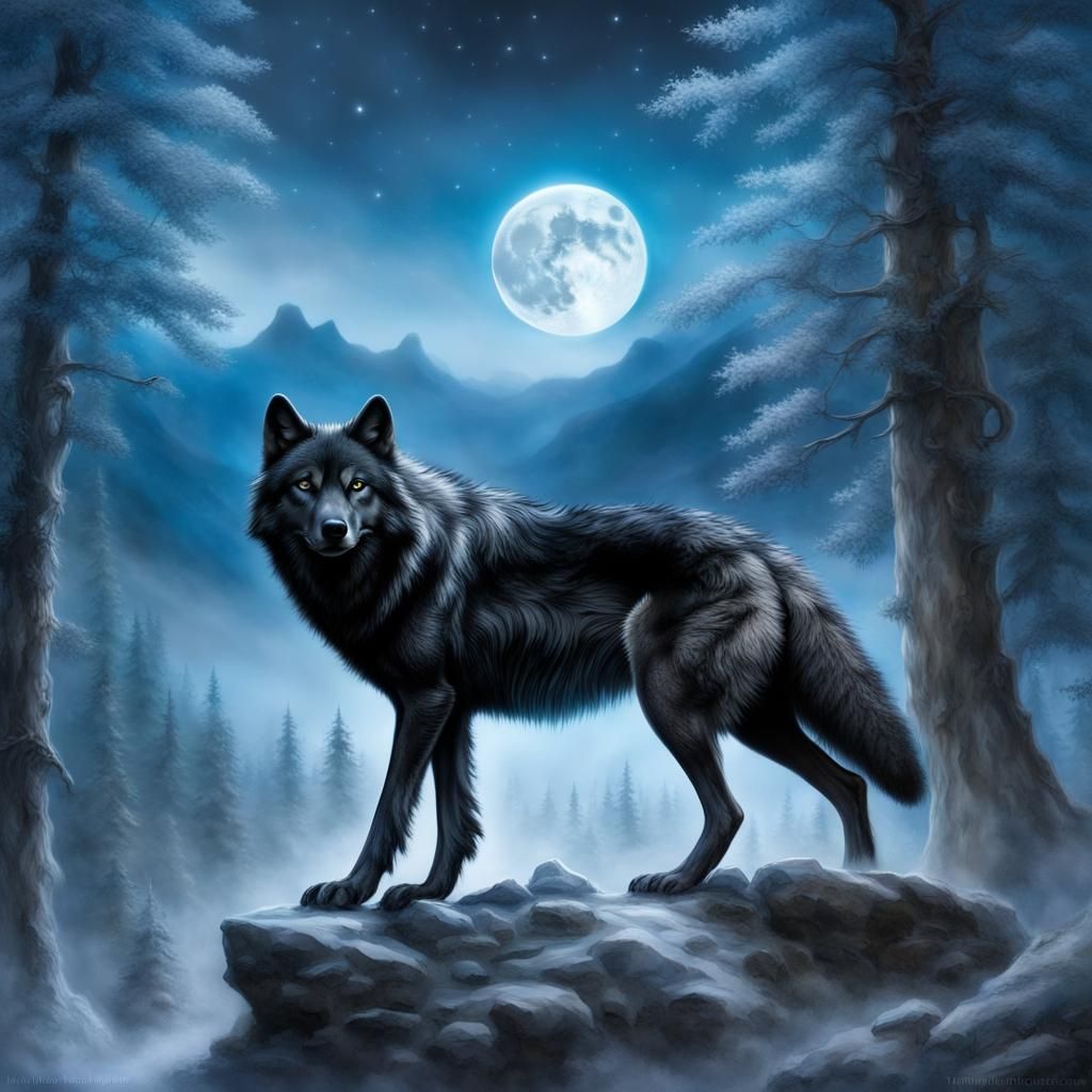 Majestic Black Wolf Under a Full Moon