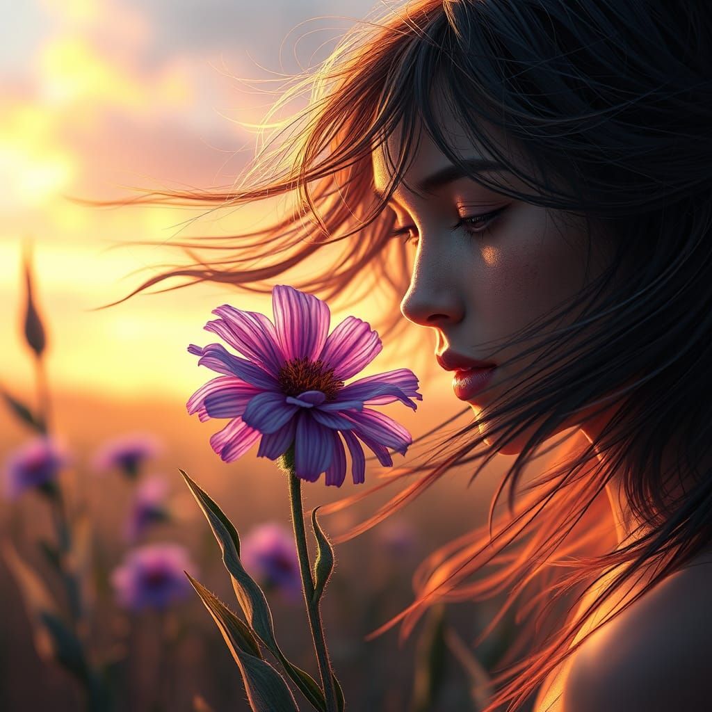 Cornflower Bending in Windy Field: Digital Art