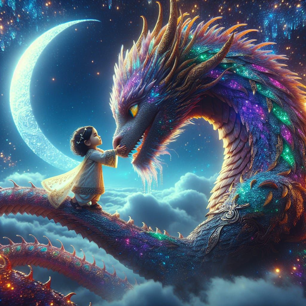 Infant Girl and Dragon Embrace Under Starlight