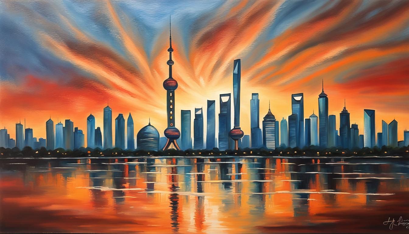 Shanghai Sunset Skyline in Acrylic Painting Style