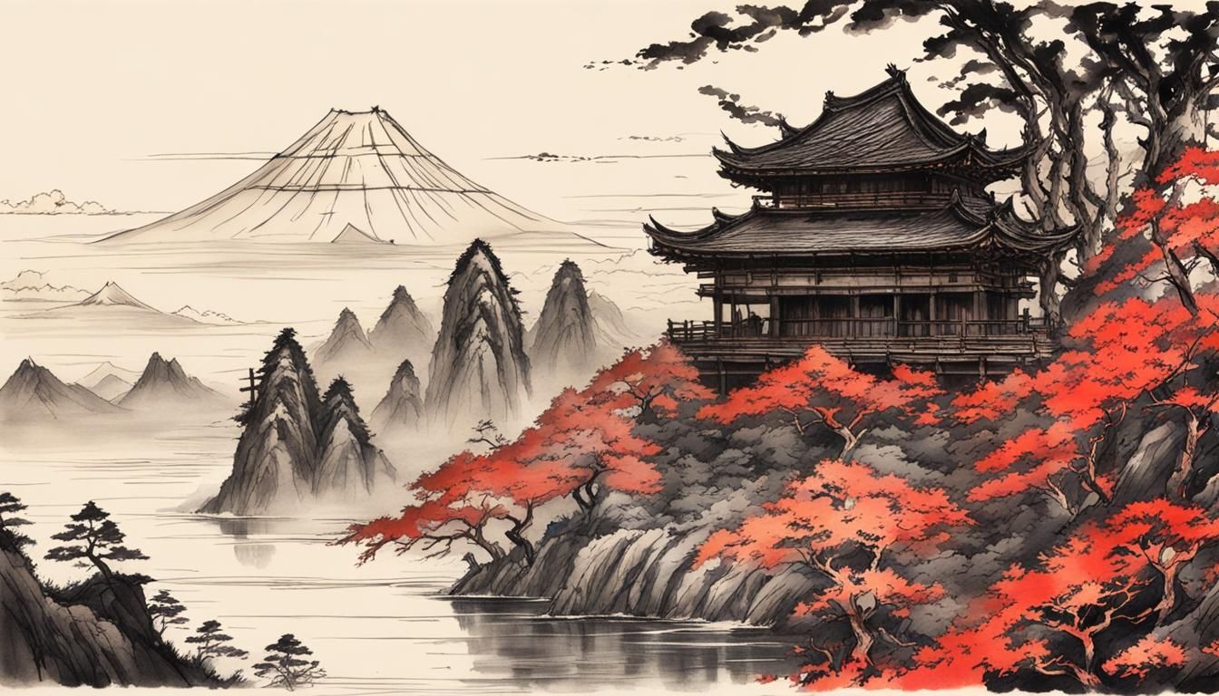 Expressionistic Japanese Landscape with Monster and Katana