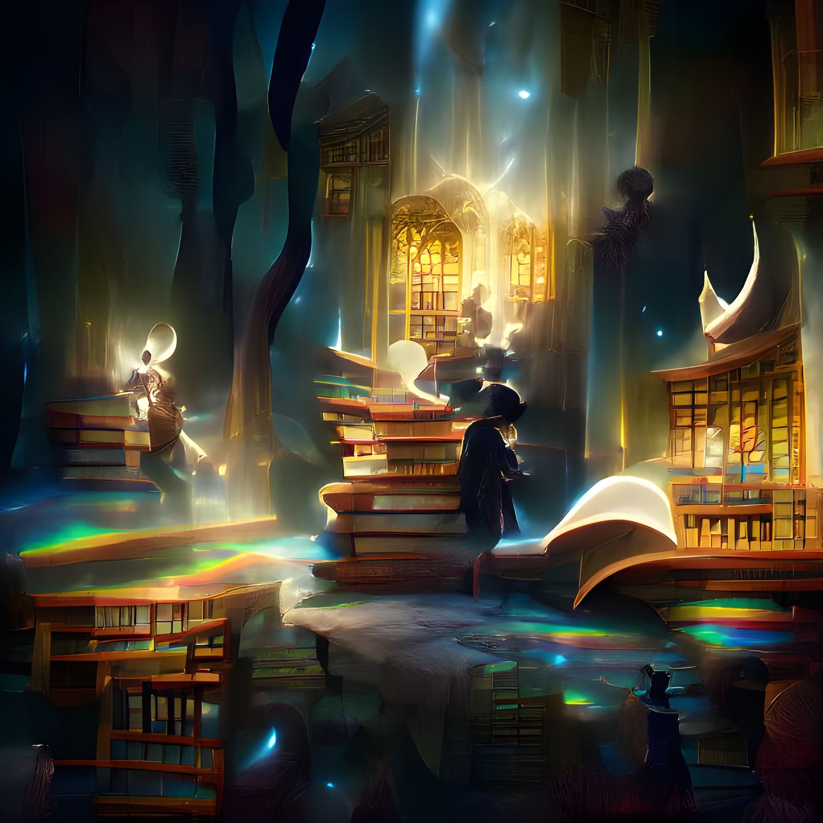 Enchanted Library with Celestial Lights Illustration