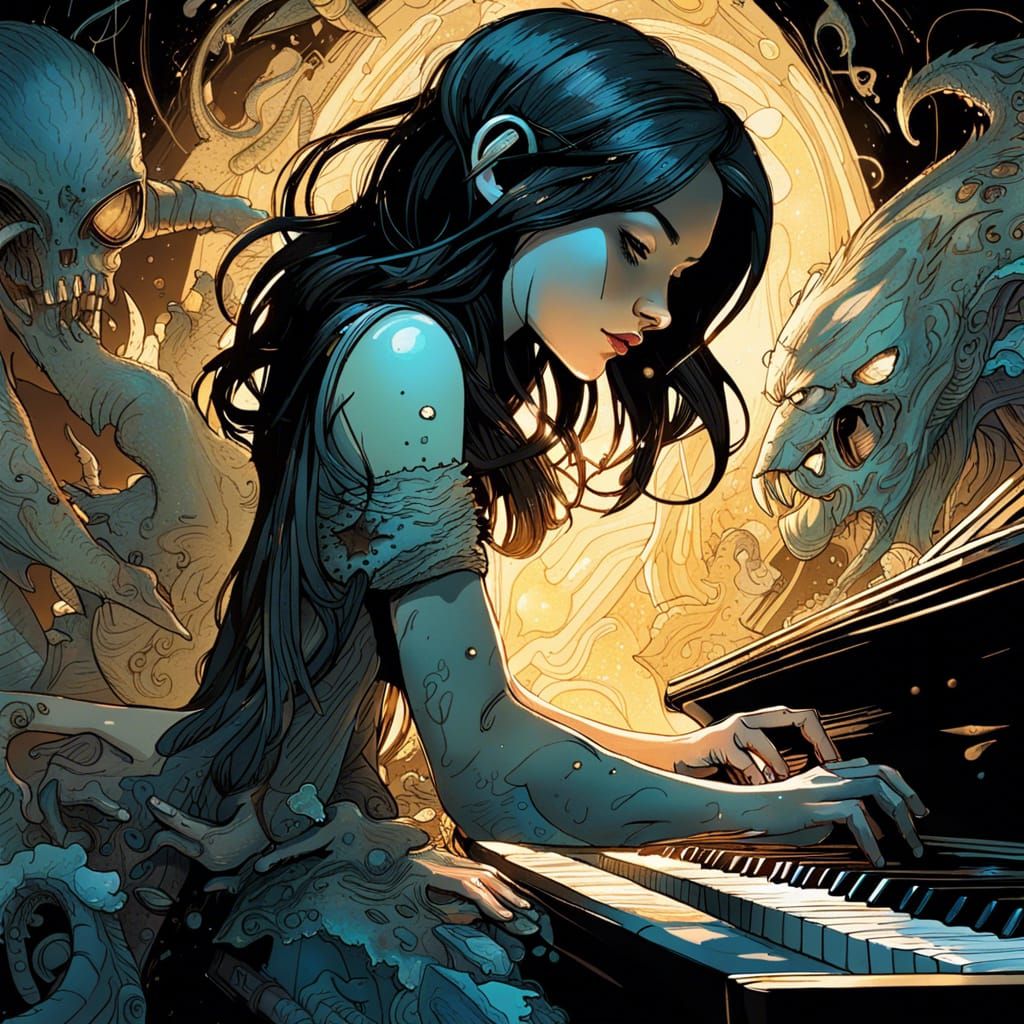 Piano Girl in Shadows: Hyperrealistic Digital Art