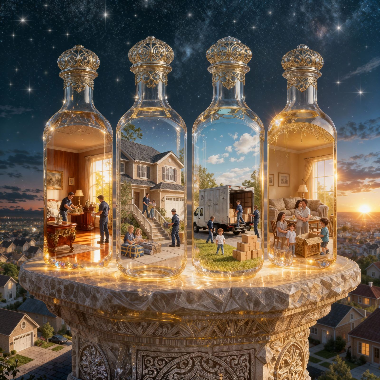 Crystal Bottles Holding Emotional Worlds on Pedestal