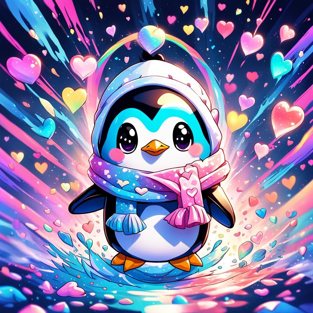 Cute Chibi Penguin with Hearts in Anime Style