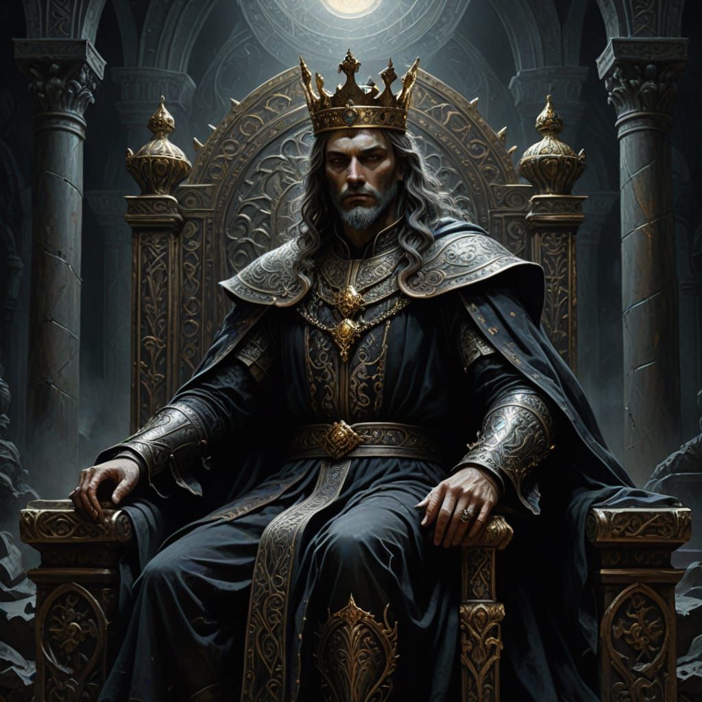 Silver King in Dark Throne Room: Renaissance Oil Painting