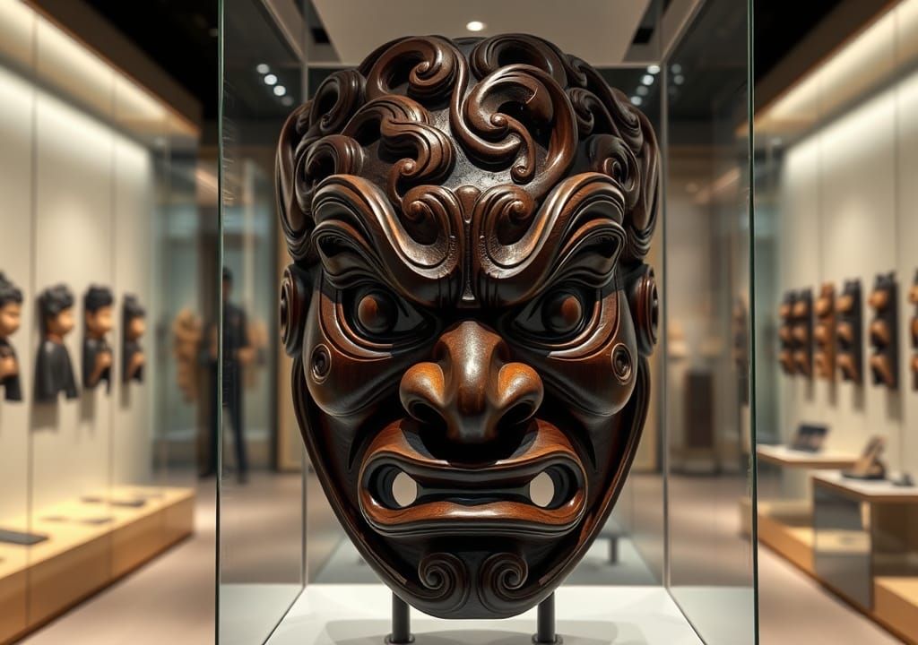 Intricately Carved Wooden Mask in Museum Exhibit