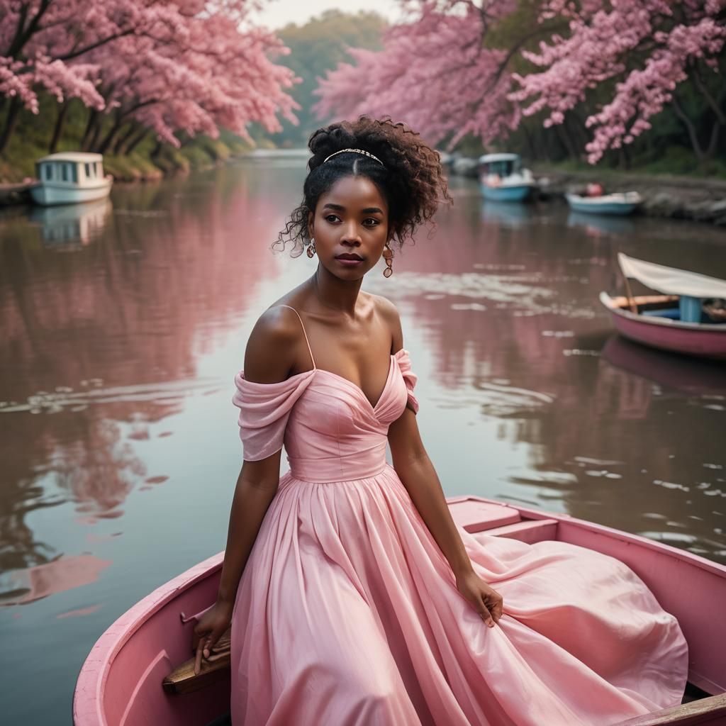 Elegant Portrait of Woman in Pink Dress on Boat