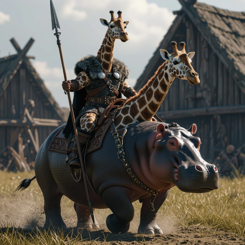Giraffe Viking Warrior Rides Charging Hippo