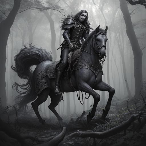 Psychedelic Spurred on his steed, a loyal friend,
Through tangled woods, where shadows mend.The Baron's keep, a looming ...