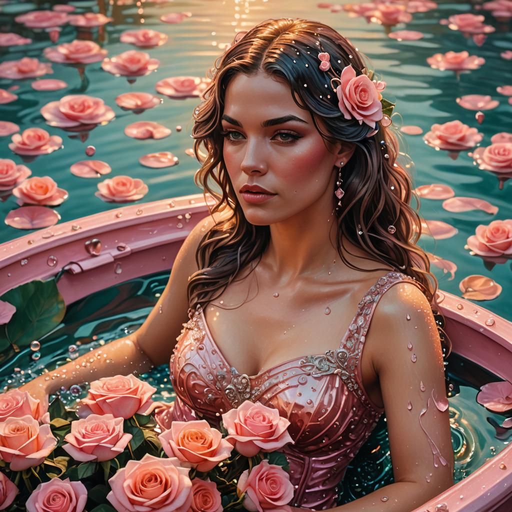 Art Nouveau Model in Pink Boat with Roses