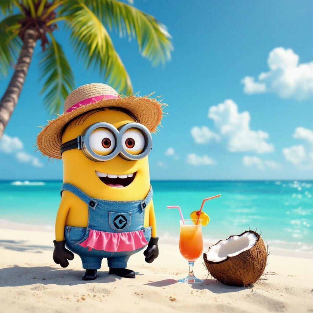 Minion on Tropical Beach in Cartoon Style