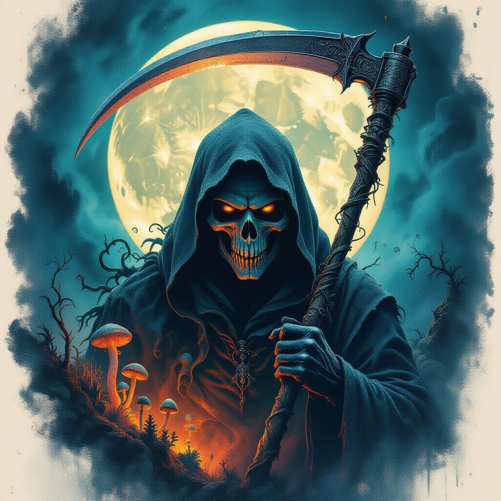 Grim Reaper in Moon Double Exposure Dark Fantasy Art