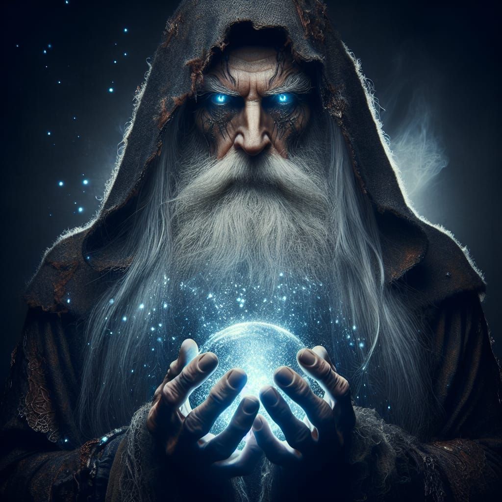 Mystical Wizard with Glowing Orb in Dark Fantasy