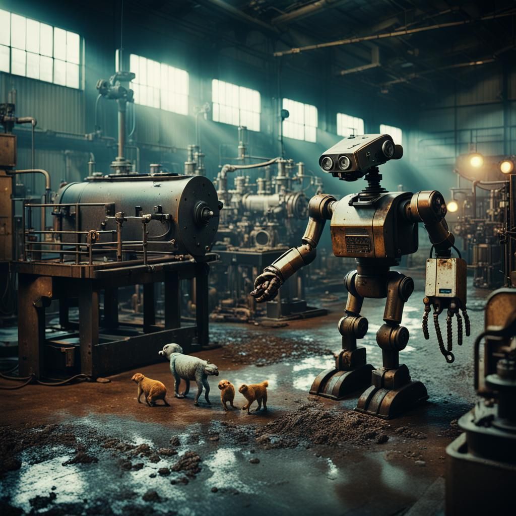 Robot Feeds Animals in Gritty Industrial Factory