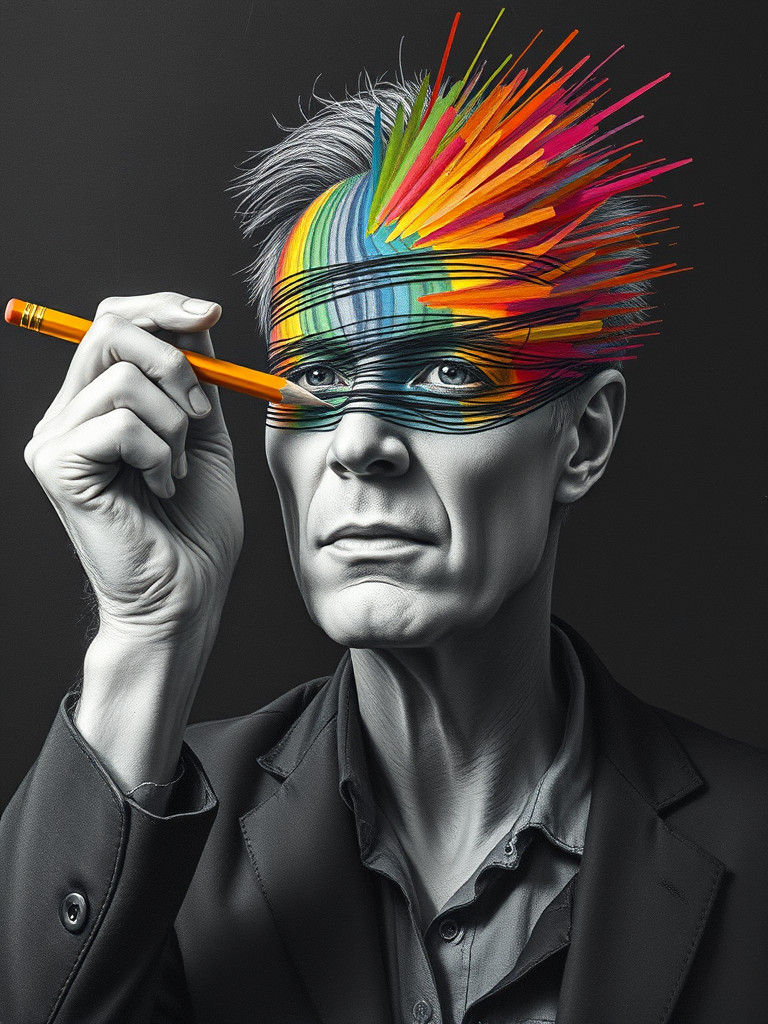 Surreal Portrait: Man Obscured by Rainbow Scribbles